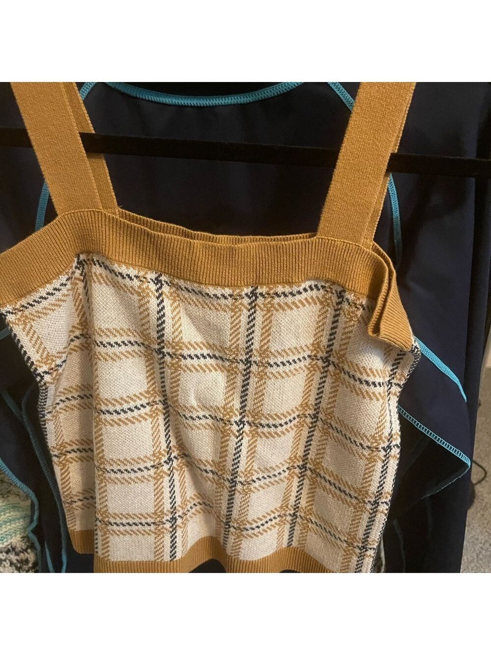 LOFT Mustard and Cream Plaid Knit Top